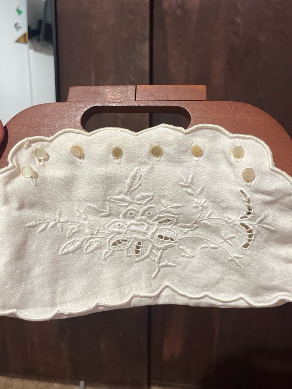 Hand-Embroidered White Linen Orbate Purse with Wood Handle
